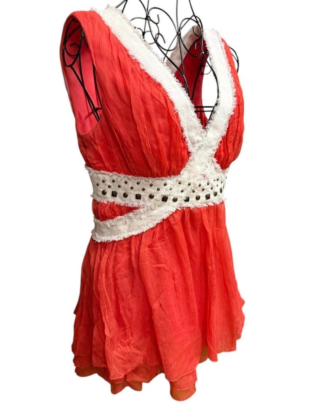 Randolph Duke Coral 100% Silk Blouse with Studs and Ivory Trim size 8